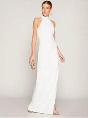 Badgley Mischka White High-Neck Halter Column Gown